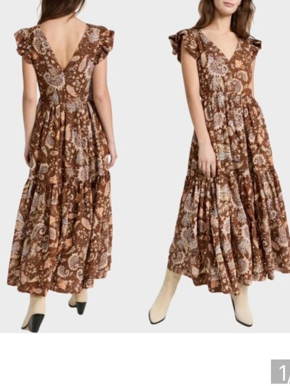 En Saison Leila Brown Paisley Tiered Ruffle V-Neck Midi/Maxi Dress M